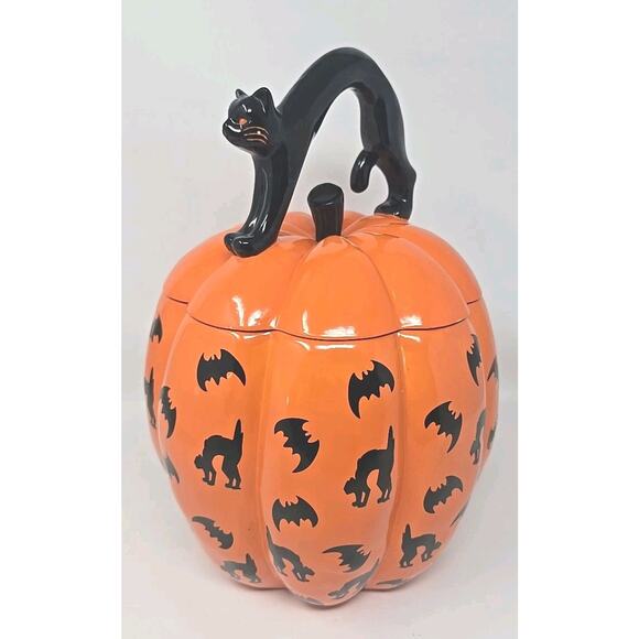 Neiman Marcus Other - Neiman Marcus Exclusive Black Cat Black Bat Motif Halloween Pumpkin Cookie Jar